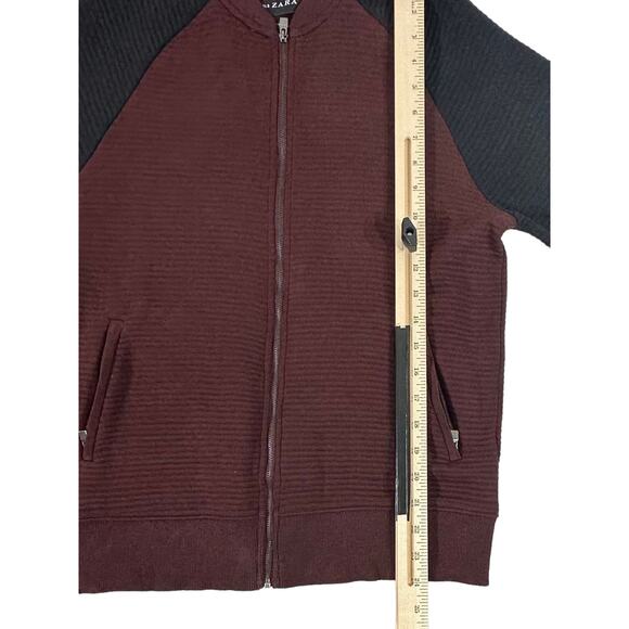 Essentials Zara Daily Outfit Zip Up Raglan Ribbed Jacket Medium Burgundy Black - Picture 9 of 9